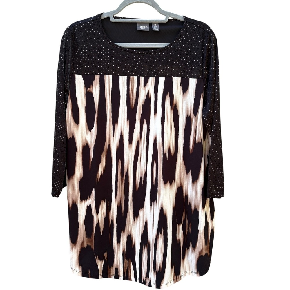 Chico's Womens‎ Large Tunic Top Black Brown Ikat Studded 3/4 Sleeve